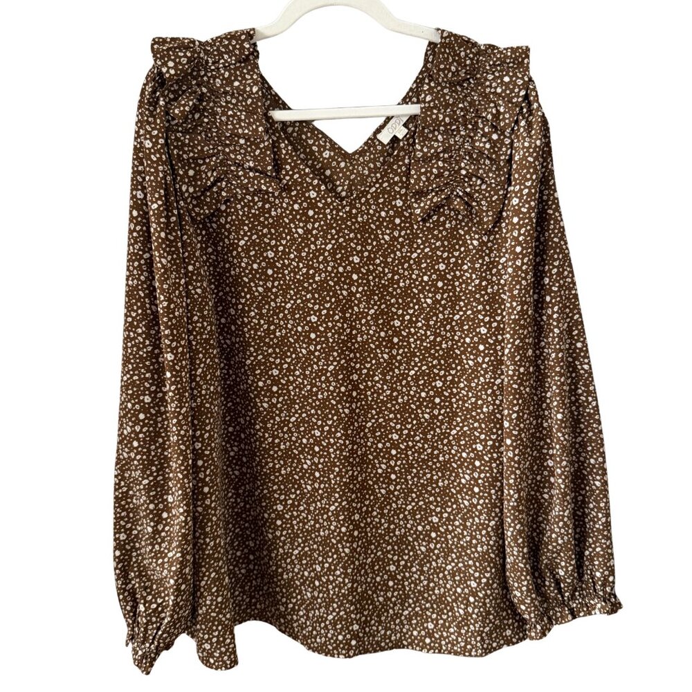 ODDI Brown Leopard Print Ruffle Shoulder Blouse‎ - Size 2XL